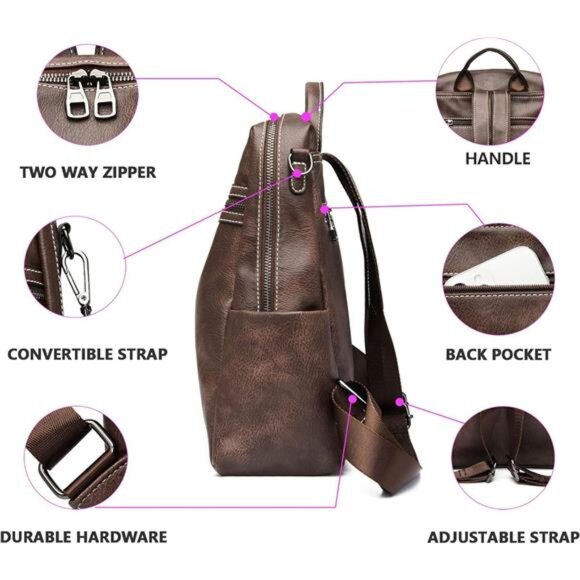 Backpack Purse for Women Fashion Genuine Leather Convertible Shoulder Bag - Picture 5 of 7